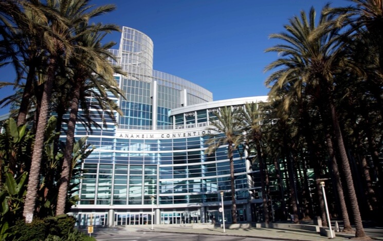 Photo of updated Anaheim Convention Center on a sunny day: the largest on west coast.