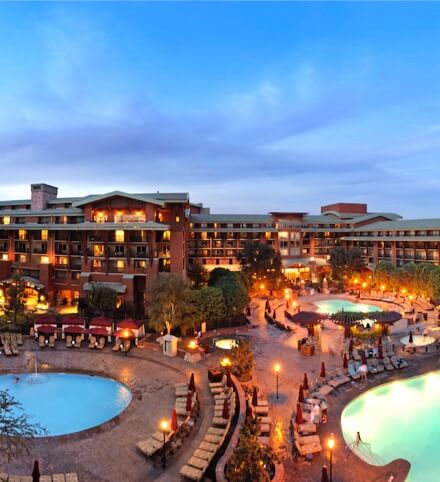 Disneyland Resort's luxury Grand Californian Hotel & Spa in the twilight.