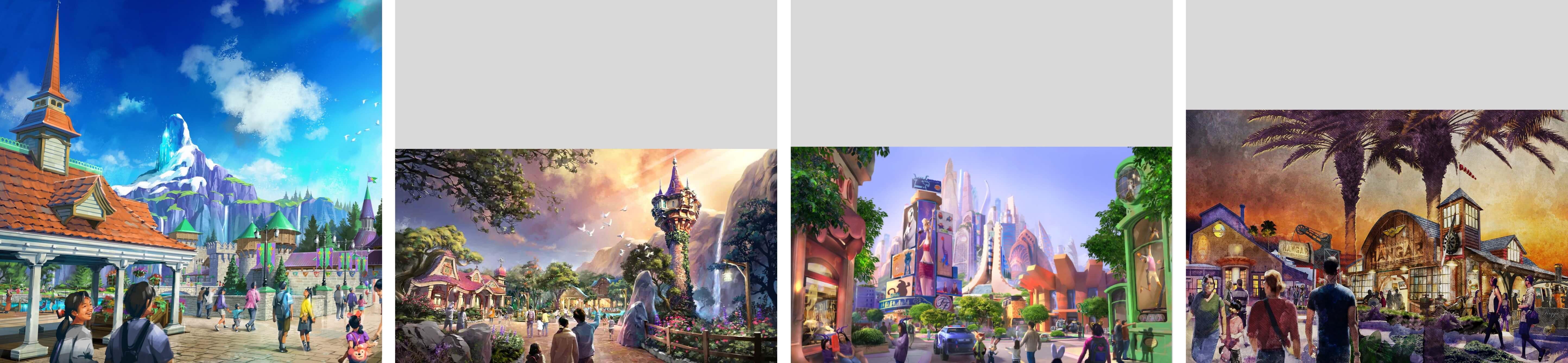 
            Artist rendering of the soon to arrive Avengers headquarters. Artist rendering of Arendelle and Anna and Elsa's castle. Artist rendering of Rapunzel's tower in new land. Artist rendering of the of Zootopia City Center for coming Disney Park attractions. Artist rendering - gathering space welcomes visitors to dining and entertainment.