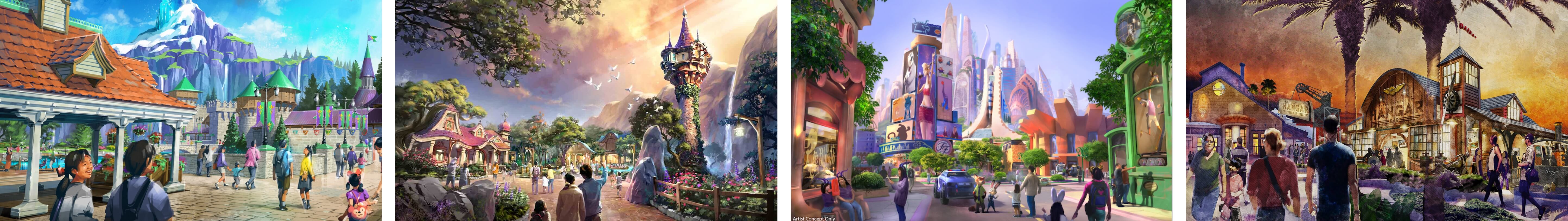 
            Artist rendering of the soon to arrive Avengers headquarters. Artist rendering of Arendelle and Anna and Elsa's castle. Artist rendering of Rapunzel's tower in new land. Artist rendering of the of Zootopia City Center for coming Disney Park attractions. Artist rendering - gathering space welcomes visitors to dining and entertainment.