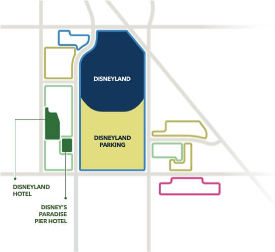 1990 map of Disneyland Resort features one hotel, parking and Disneyland.