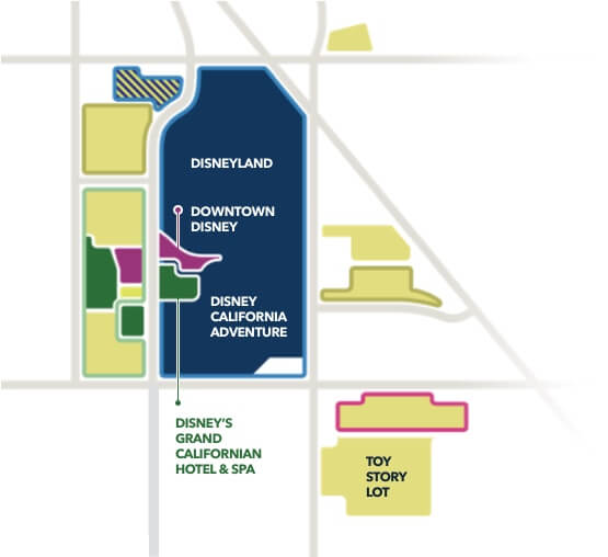 Map of Disneyland Resort today includes luxury hotels, Downtown Disney, and Disney's California Adventure.