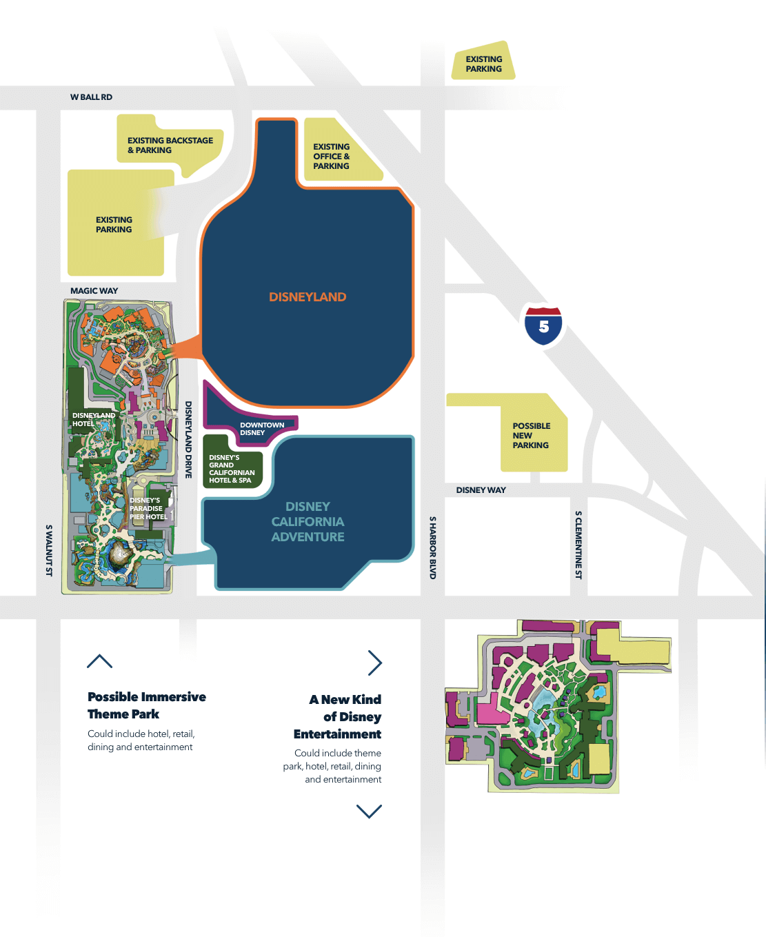 Artist map imagines a Disneyland Resort with new theme park, dining, and entertainment spaces.