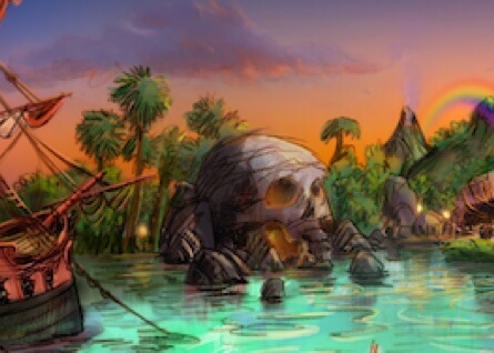 Artist rendering imagines additional Peter Pan adventures with a pirate ship and skull island.